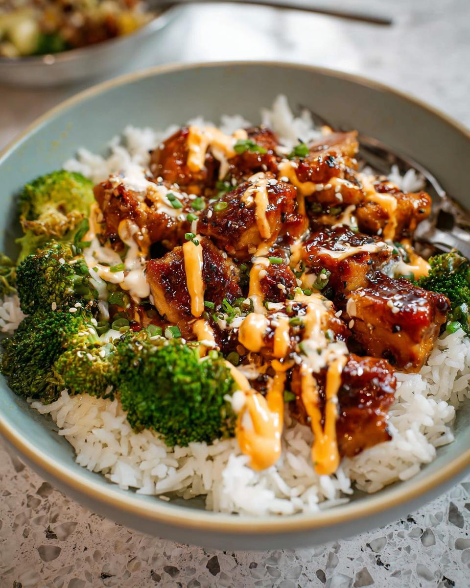 A close-up of a bowl filled with white rice, topped with glazed sticky chicken pieces, steamed broccoli florets, and drizzled with sauce and sesame seeds.