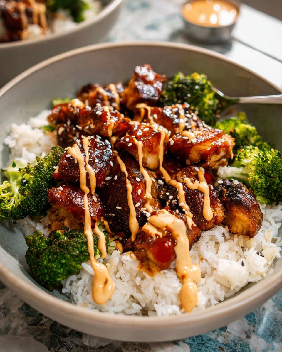 A close-up of a bowl filled with white rice, topped with glazed sticky chicken pieces and steamed broccoli florets, drizzled with sauce.