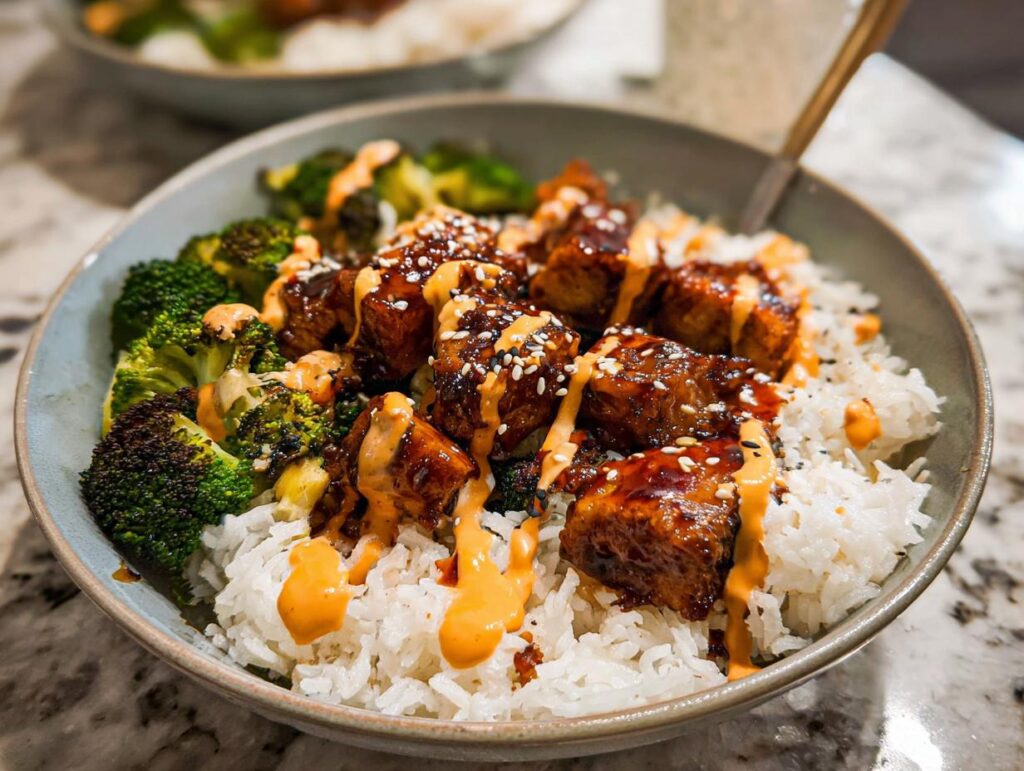 Close-up of a bowl filled with fluffy white rice, topped with glazed chicken pieces, roasted broccoli, and a drizzle of creamy sauce.
