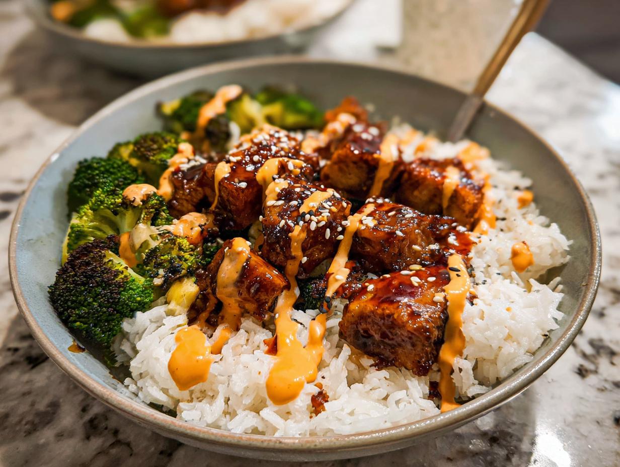 Close-up of a bowl filled with fluffy white rice, topped with glazed chicken pieces, roasted broccoli, and a drizzle of creamy sauce.