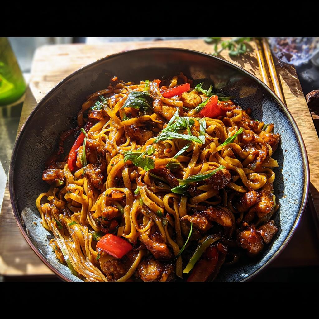 A close-up of a bowl filled with Sticky Garlic Chicken Noodles, featuring tender chicken pieces, vibrant red bell peppers, and fresh green onions.