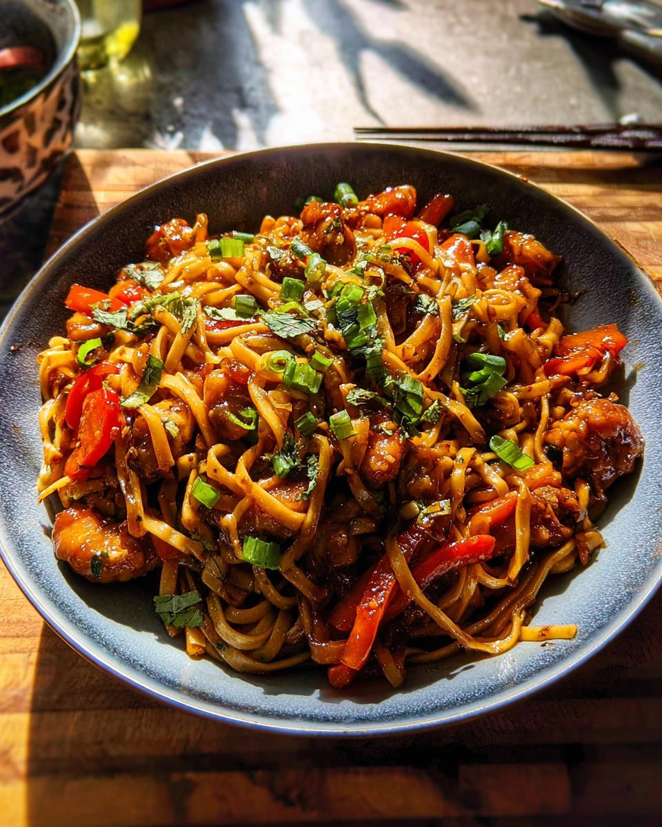 A close-up of a bowl of Sticky Garlic Chicken Noodles with red bell peppers and green onions.
