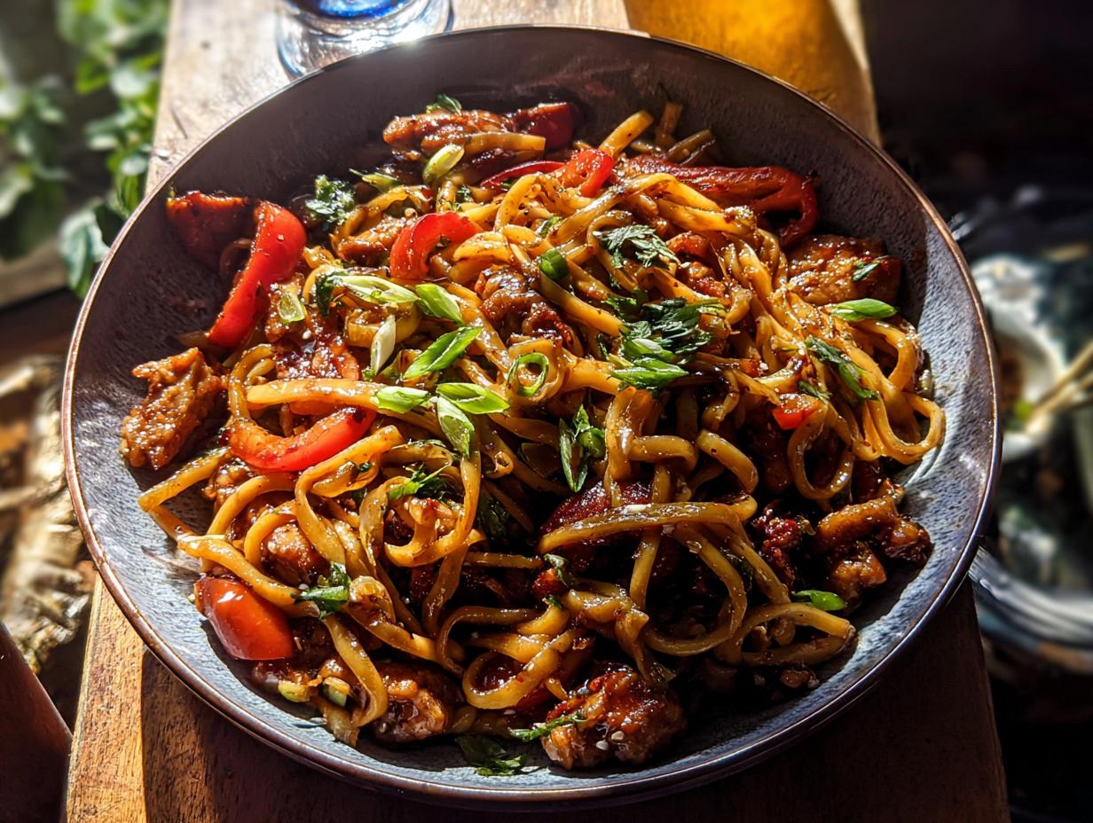 A close-up overhead view of a bowl filled with delicious Sticky Garlic Chicken Noodles, garnished with green onions and red bell peppers.
