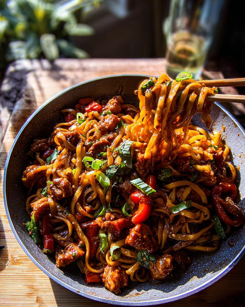 Close-up of Sticky Garlic Chicken Noodles being lifted with chopsticks from a pan, showing tender chicken pieces and vibrant vegetables.