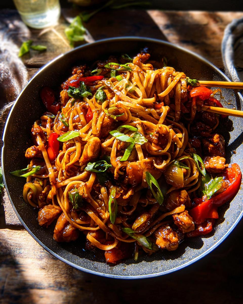 A close-up of Sticky Garlic Chicken Noodles being lifted with chopsticks from a pan, showing tender chicken pieces, red bell peppers, and green onions.