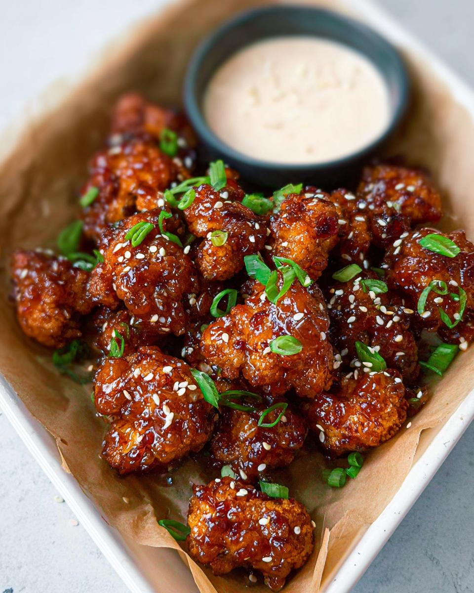 Close-up of Irresistible Sticky Honey Garlic Cauliflower Recipe bites, coated in glaze and sprinkled with sesame seeds and green onions.