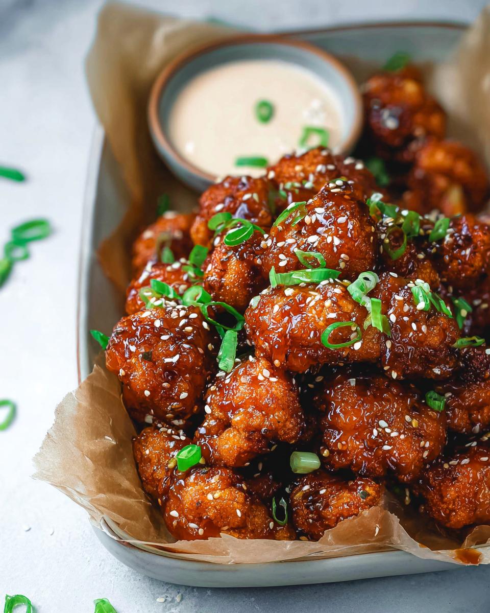 Close-up of Irresistible Sticky Honey Garlic Cauliflower Recipe bites, coated in a glossy sauce and sprinkled with sesame seeds and green onions.