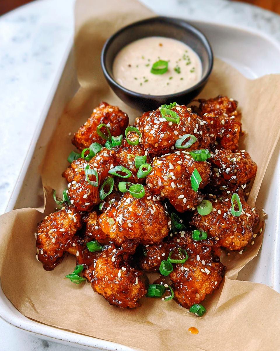 Close-up of Irresistible Sticky Honey Garlic Cauliflower bites, coated in a glossy sauce and sprinkled with sesame seeds and green onions.