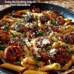 A close-up of a skillet filled with Sticky Honey Garlic Sausage Pasta, featuring penne pasta, glazed sausage pieces, and fresh parsley.