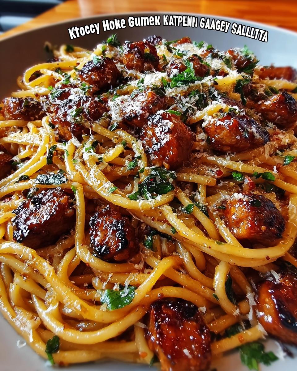 A close-up of a bowl of Sticky Honey Garlic Sausage Pasta Skillet, featuring glossy sausage pieces and pasta topped with grated cheese and parsley.