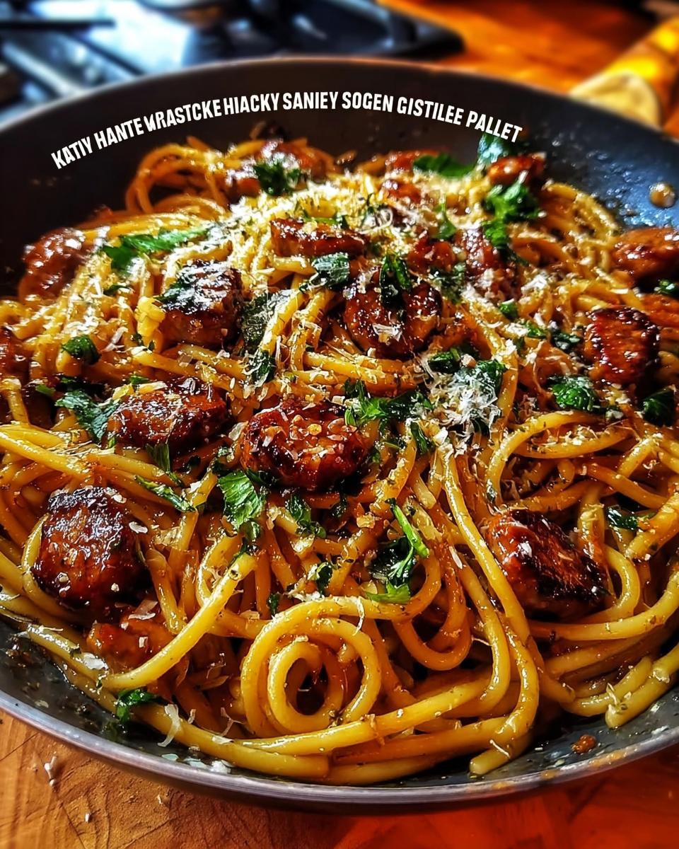 Close-up of a skillet filled with Sticky Honey Garlic Sausage Pasta, garnished with parsley and cheese.