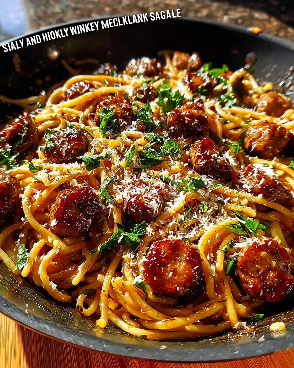 Close-up of a skillet filled with Sticky Honey Garlic Sausage Pasta, garnished with parsley and grated cheese.