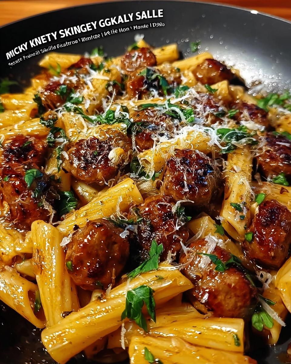 Close-up of a skillet filled with Sticky Honey Garlic Sausage Pasta Skillet and meatballs, garnished with parsley and cheese.