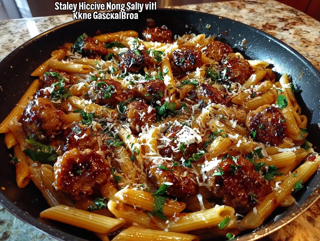 A close-up of a skillet filled with Sticky Honey Garlic Sausage Pasta, featuring penne pasta, glazed sausage pieces, and fresh parsley.