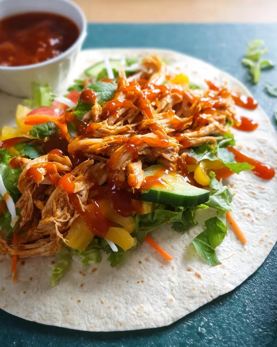 A close-up of a Sweet Chili Chicken Wrap filled with shredded chicken, lettuce, cucumber, carrots, and drizzled with sweet chili sauce.