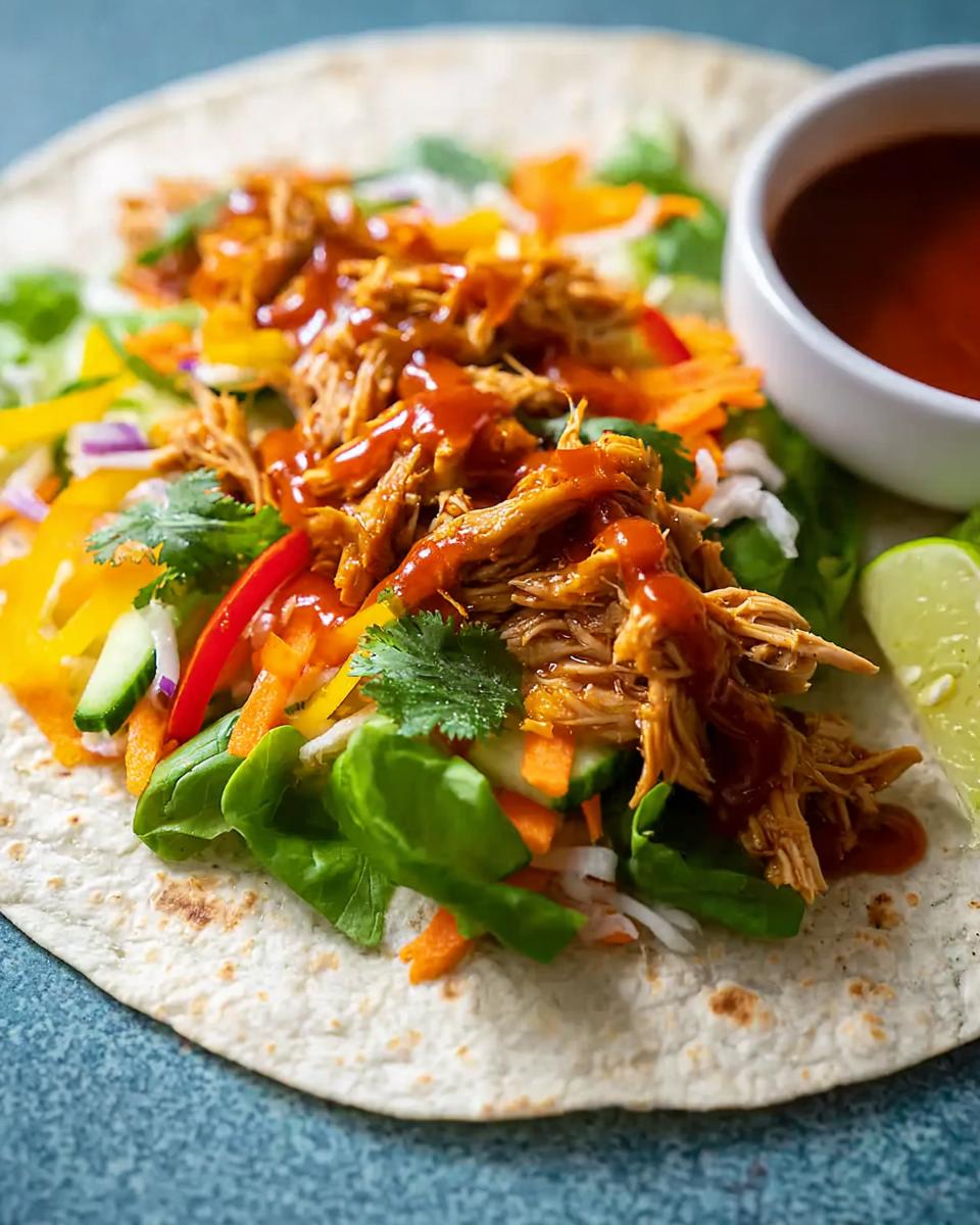 A close-up of a Sweet Chili Chicken Wrap filled with shredded chicken, fresh vegetables, and drizzled with sauce.