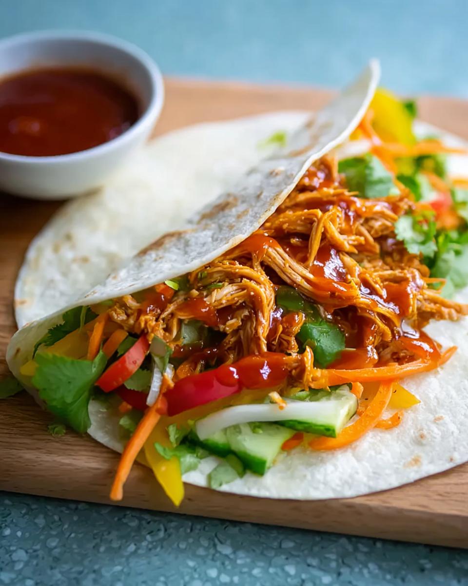 A close-up of a Sweet Chili Chicken Wrap filled with shredded chicken, fresh vegetables, and drizzled with sauce.