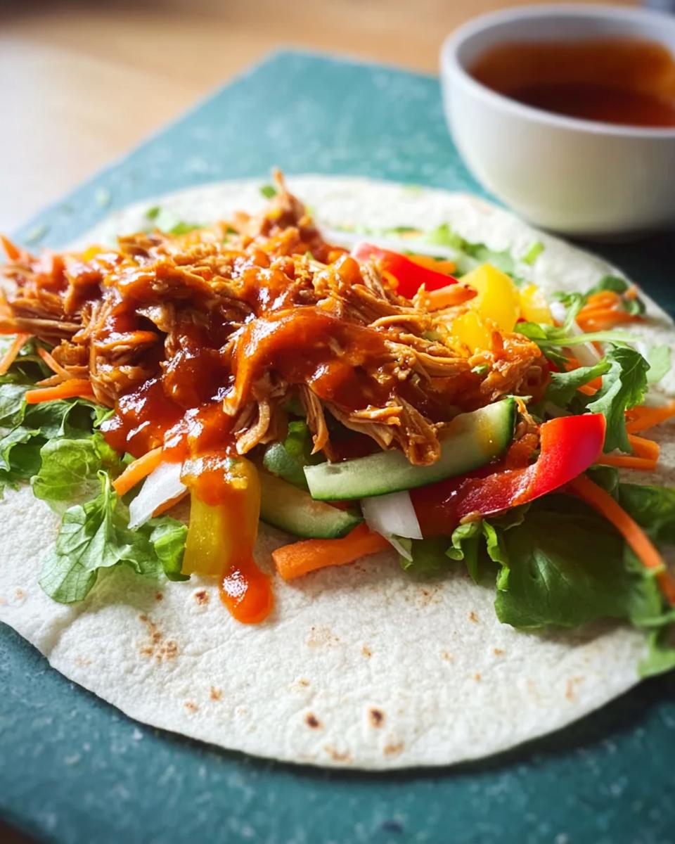 A close-up of a Sweet Chili Chicken Wrap filled with shredded chicken, fresh vegetables, and drizzled with sauce.