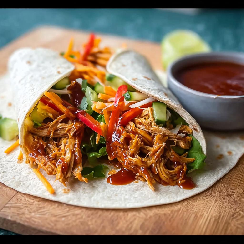 Close-up of two Sweet Chili Chicken Wraps filled with shredded chicken, lettuce, cucumber, carrots, and red peppers.