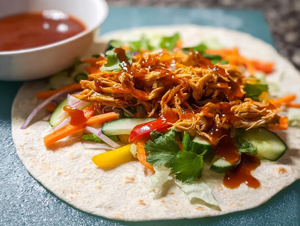 A delicious Sweet Chili Chicken Wrap filled with shredded chicken, lettuce, cucumber, carrots, and bell peppers, drizzled with sauce.