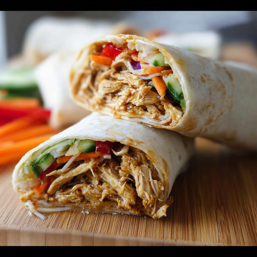 A close-up of a Teriyaki Chicken Wrap cut in half, revealing shredded chicken and fresh vegetables.
