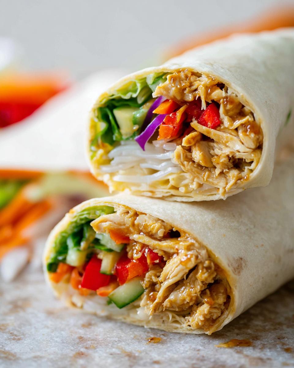 Close-up of a Teriyaki Chicken Wrap cut in half, showing shredded chicken, crisp vegetables, and sauce.