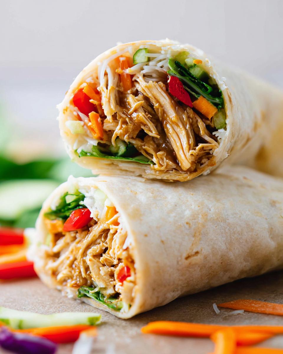 A close-up of a Teriyaki Chicken Wrap cut in half, showing shredded chicken, vegetables, and noodles.