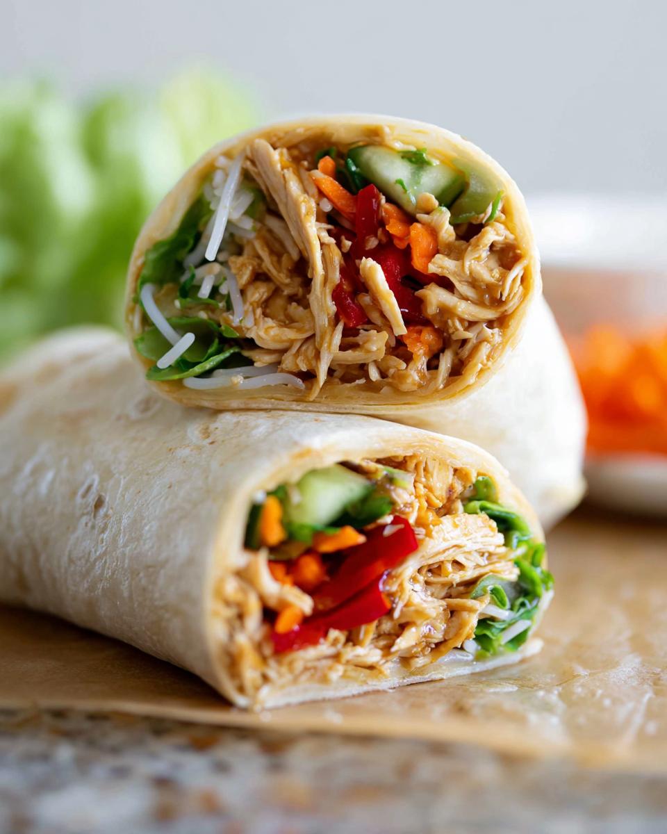 Close-up of a Teriyaki Chicken Wrap Recipe, sliced in half, revealing shredded chicken, fresh vegetables, and noodles.