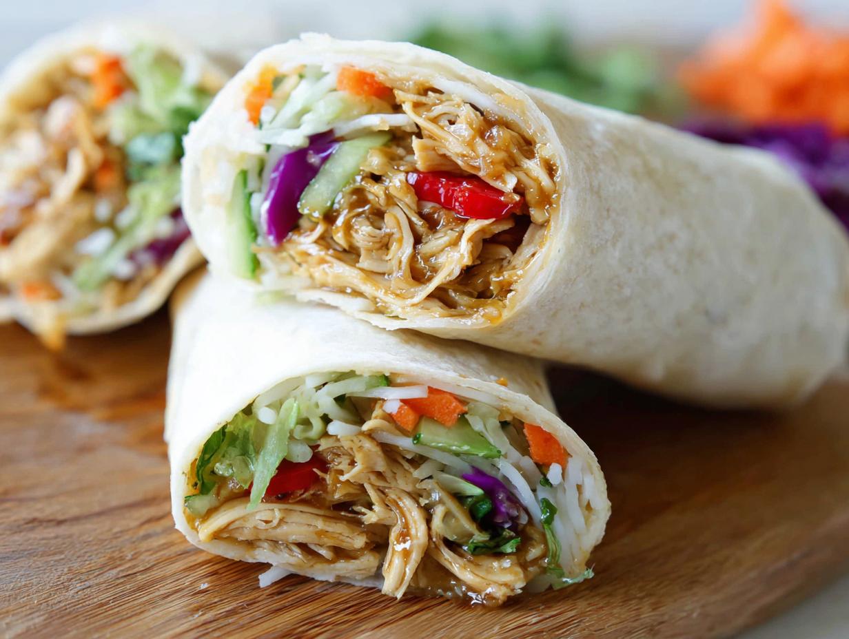 Close-up of a Teriyaki Chicken Wrap cut in half, showing shredded chicken, vegetables, and sauce.