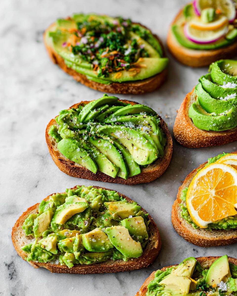 A variety of avocado toast recipes topped with sliced avocado, lemon, and herbs.