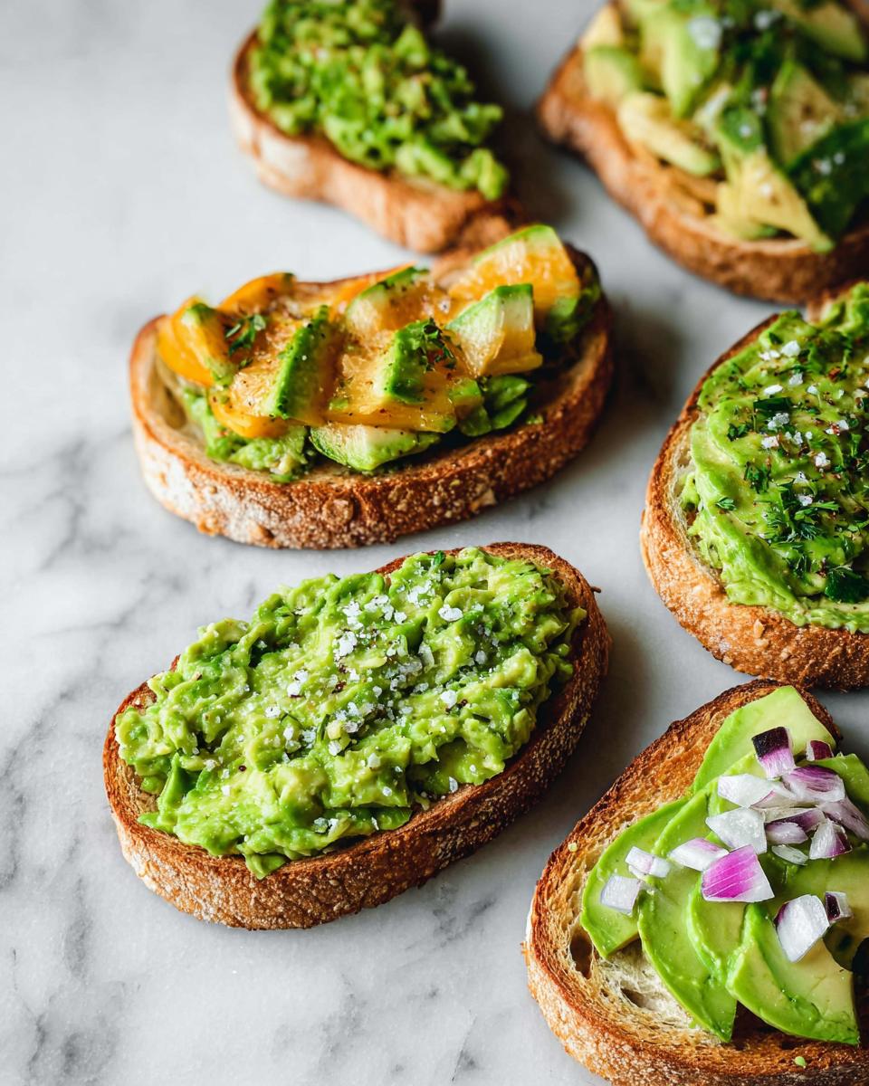 A selection of delicious avocado toast variations on rustic bread, topped with various ingredients like red onion and herbs.
