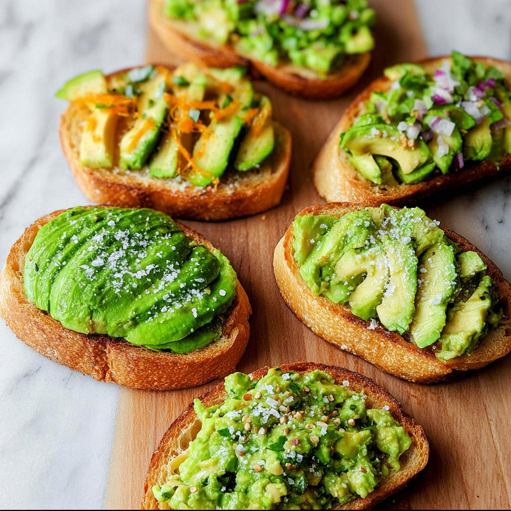 A spread of various avocado toast preparations on toasted bread, showcasing different toppings and avocado styles.