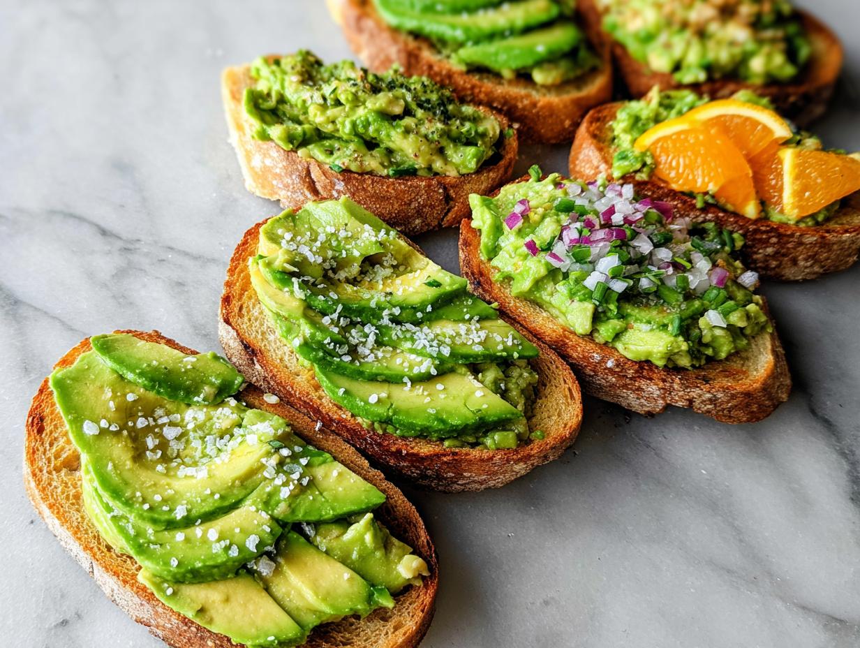 A variety of delicious avocado toast preparations on toasted bread, showcasing sliced avocado, mashed avocado with red onion, and orange slices.