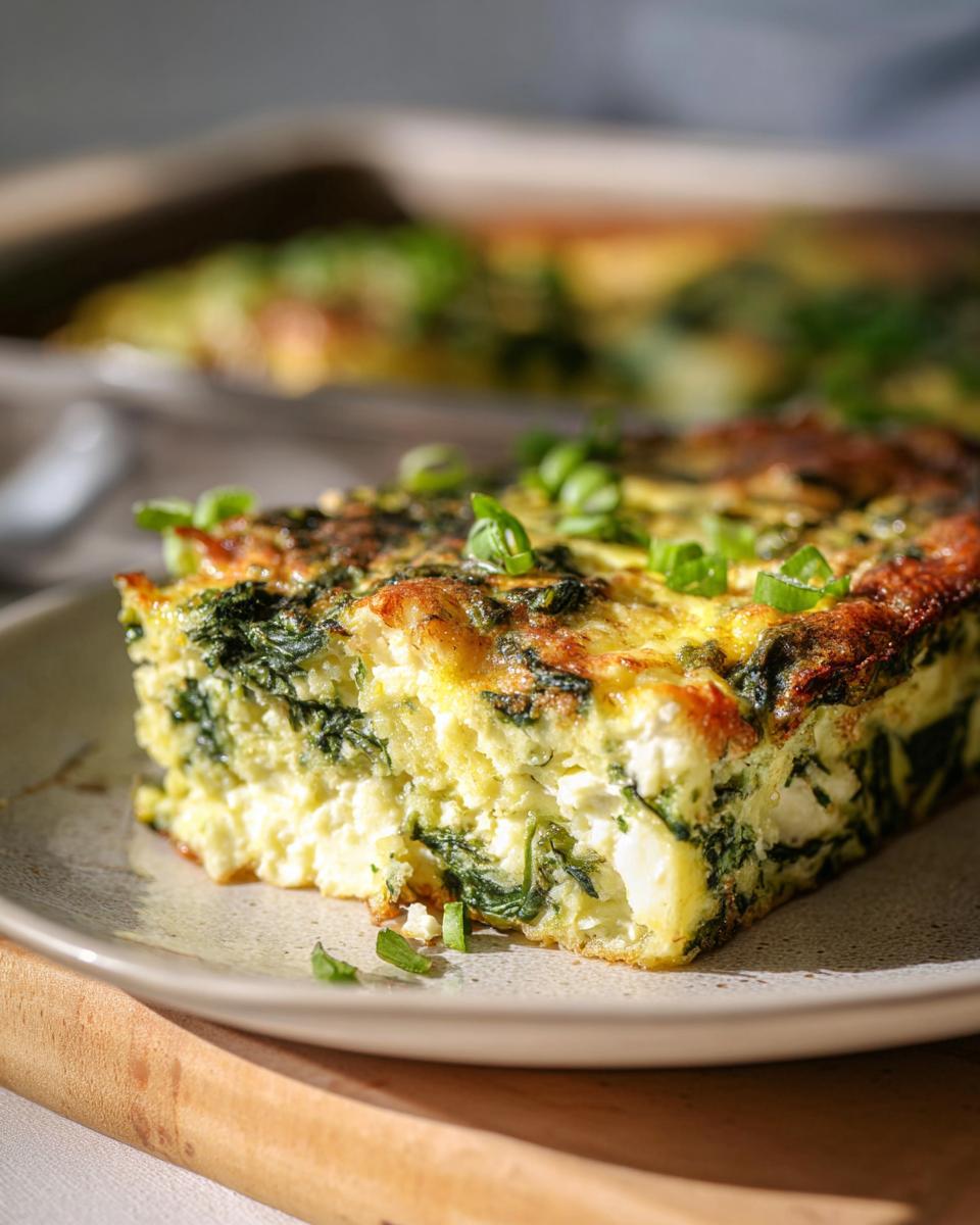 A slice of baked cottage cheese eggs with spinach, garnished with green onions, on a plate.