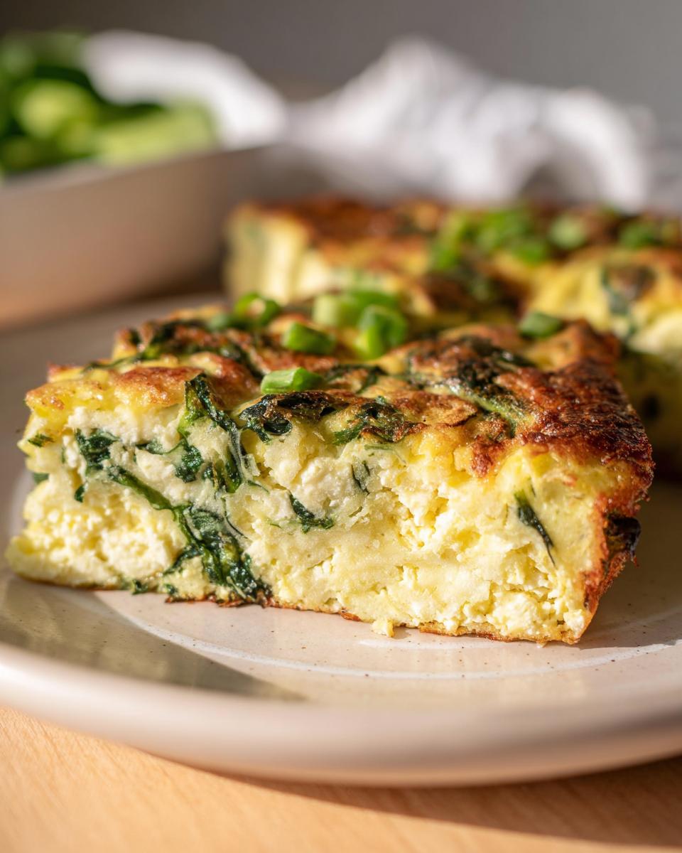 A delicious slice of baked cottage cheese eggs with spinach and green onions, a perfect protein-rich breakfast.