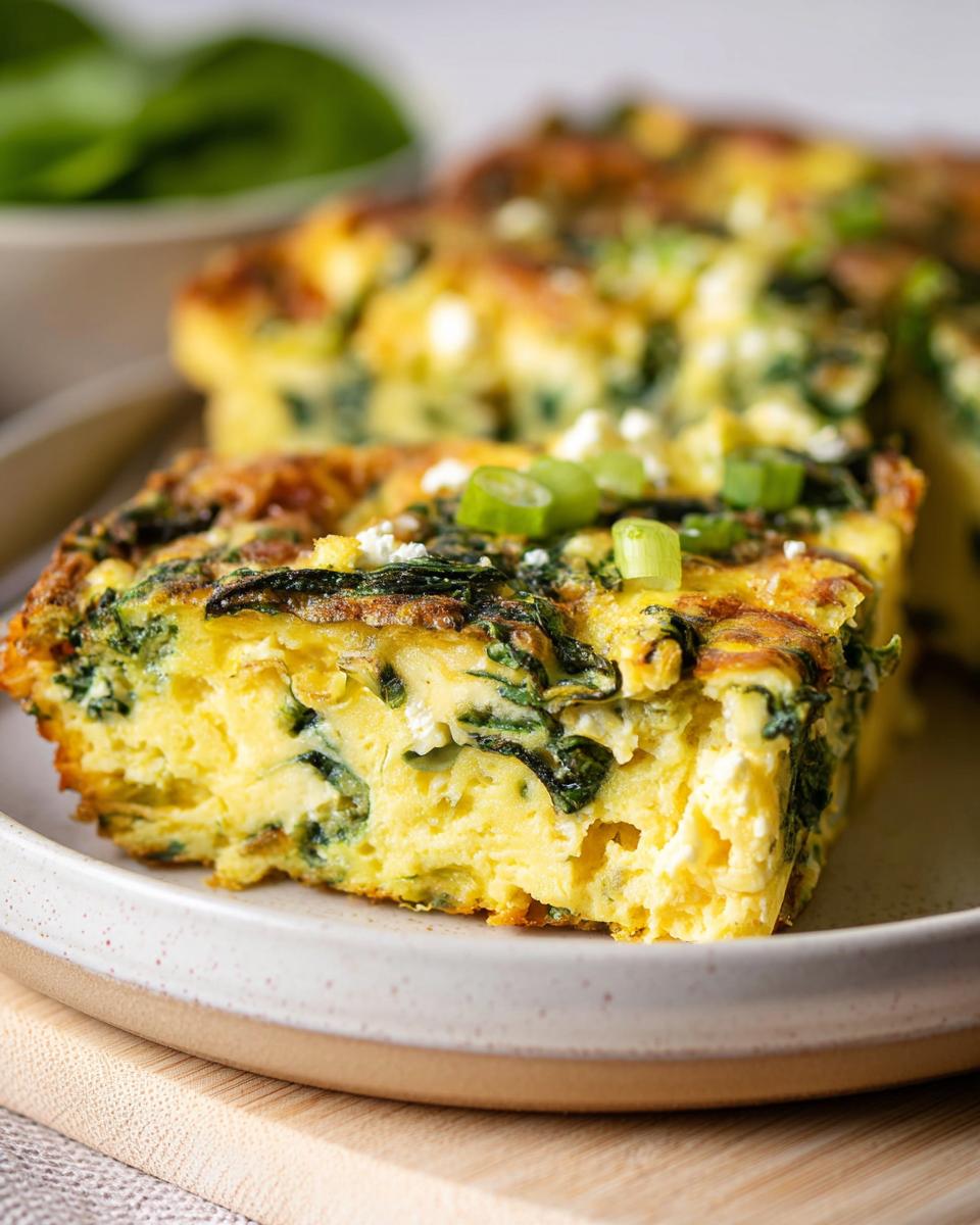 A slice of baked cottage cheese eggs with spinach and feta cheese, topped with green onions.