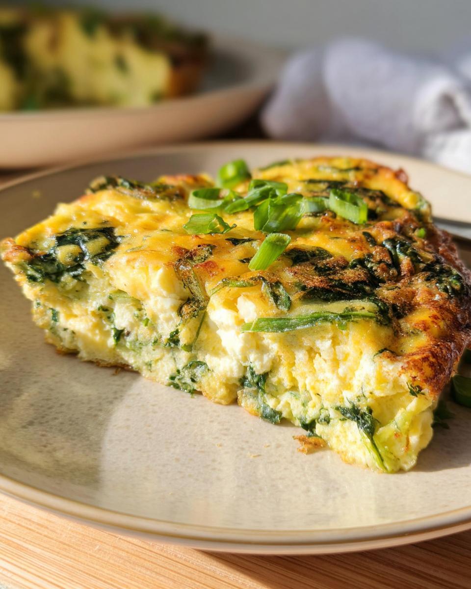 A slice of baked cottage cheese eggs with spinach, topped with chopped green onions, on a plate.