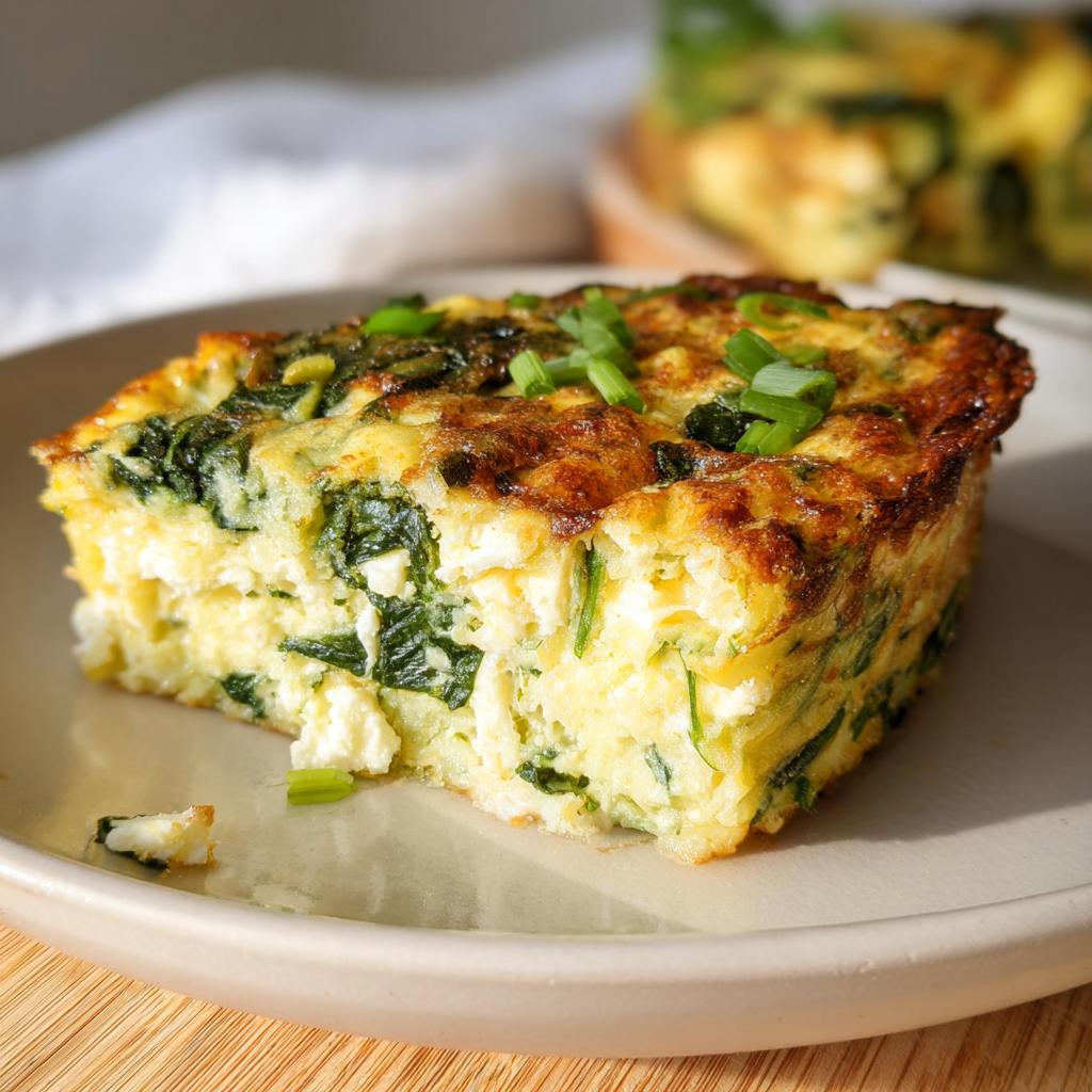 A slice of baked cottage cheese eggs with spinach and green onions, a protein-rich breakfast.