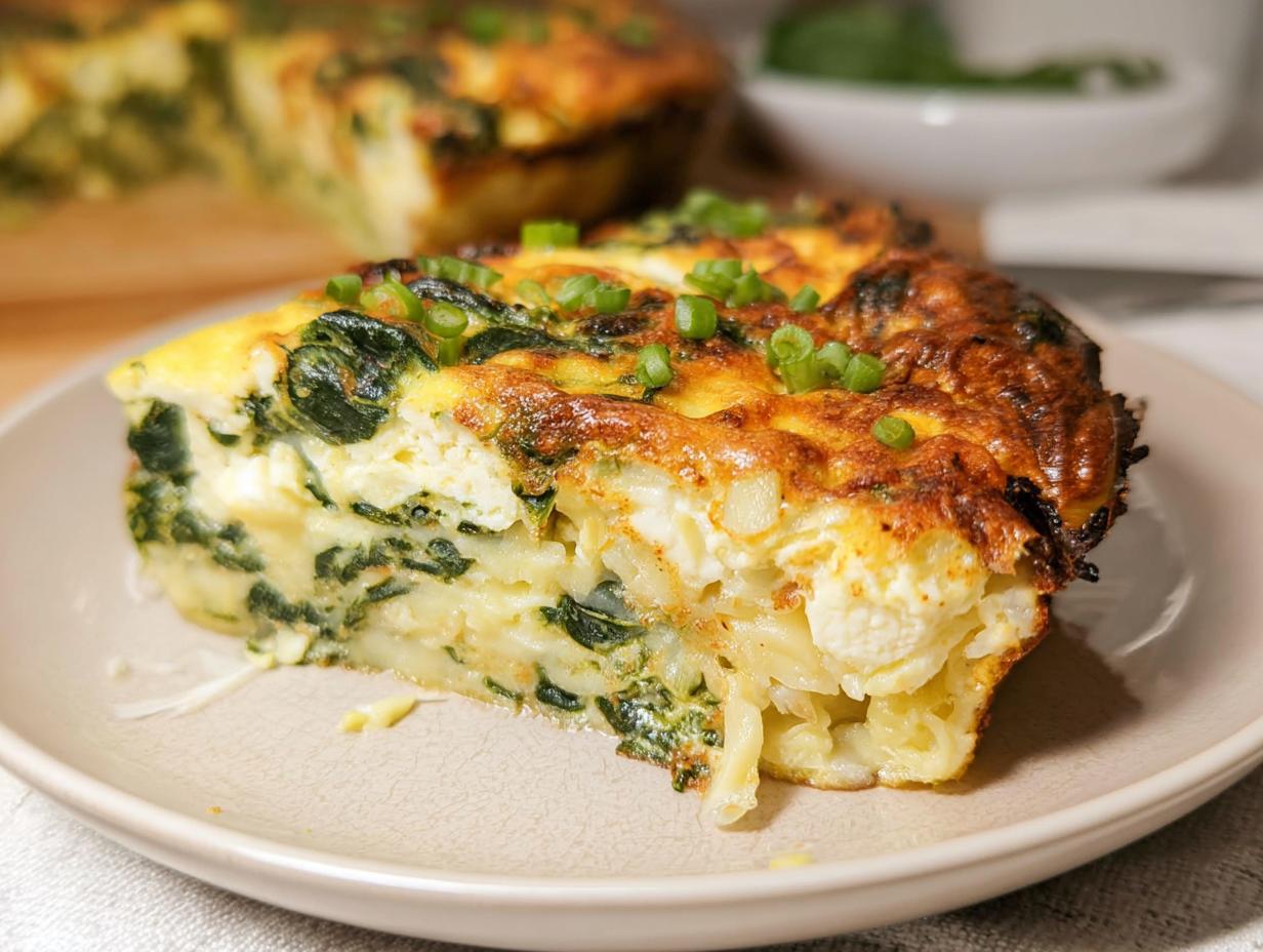 A slice of baked cottage cheese eggs with spinach and scallions, showcasing a fluffy texture and golden-brown crust.