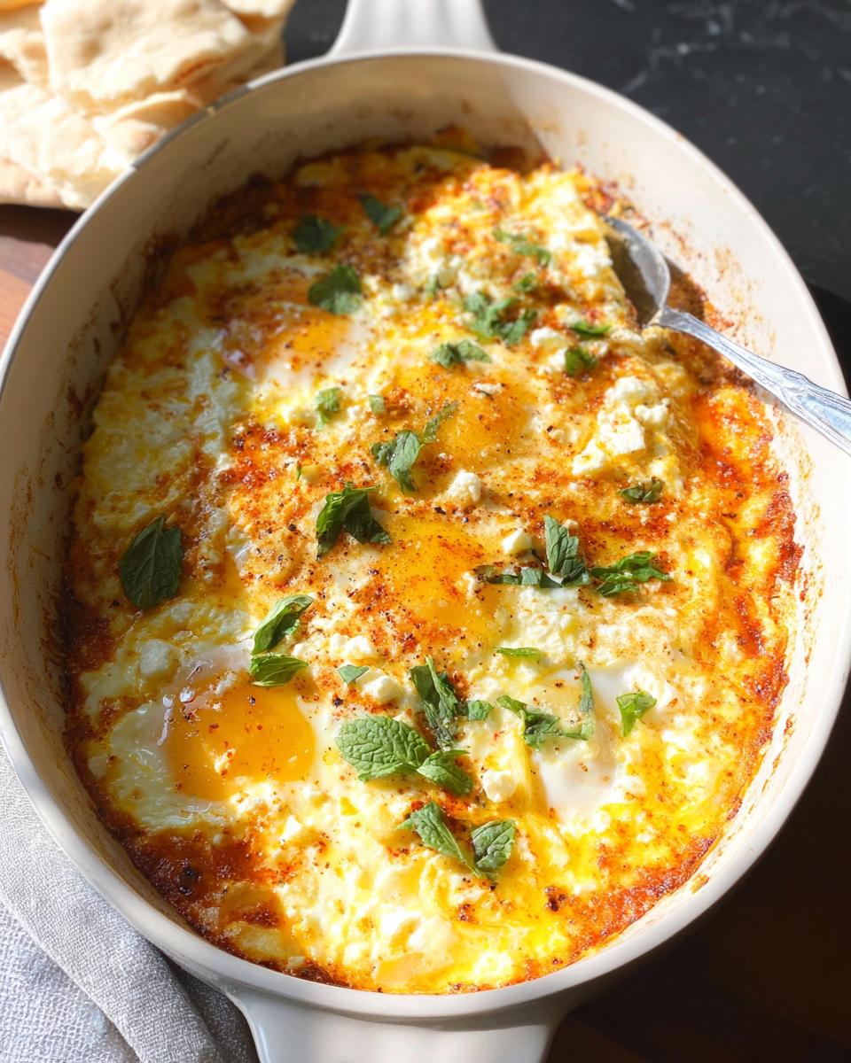 A close-up of baked feta eggs in a casserole dish, topped with feta cheese, herbs, and spices.