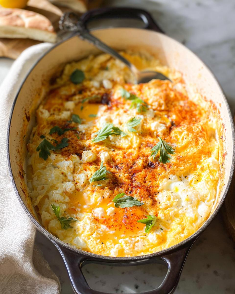 Close-up of baked feta eggs in a casserole dish, topped with paprika and fresh parsley.