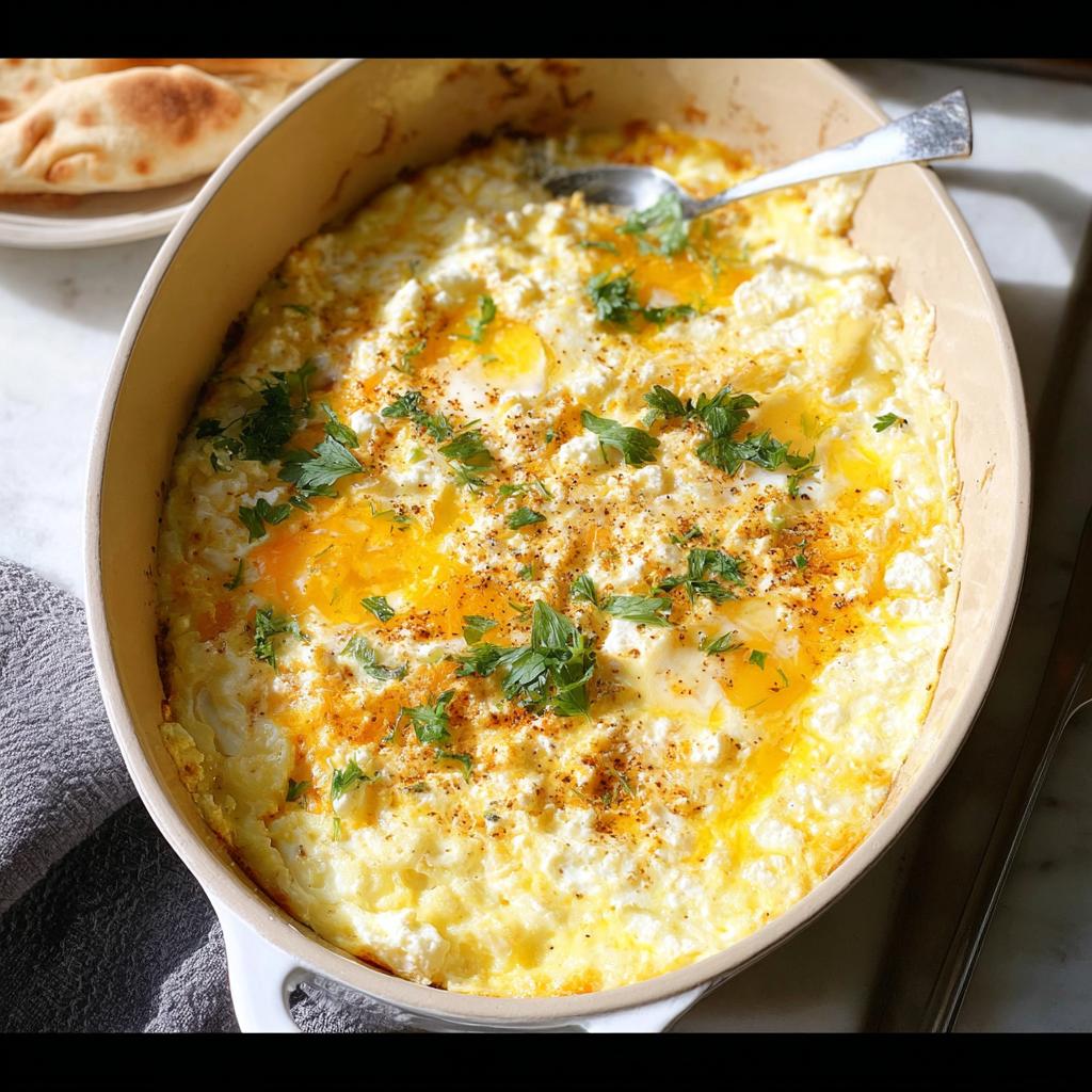A close-up of freshly baked feta eggs in an oval dish, topped with fresh parsley and spices.