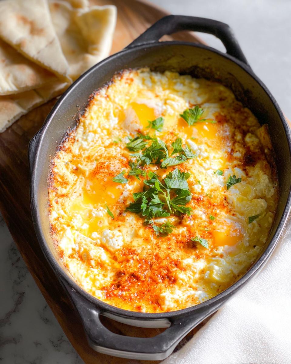 Close-up of Baked Feta Eggs in a cast iron skillet, topped with fresh parsley and paprika, served with pita bread.