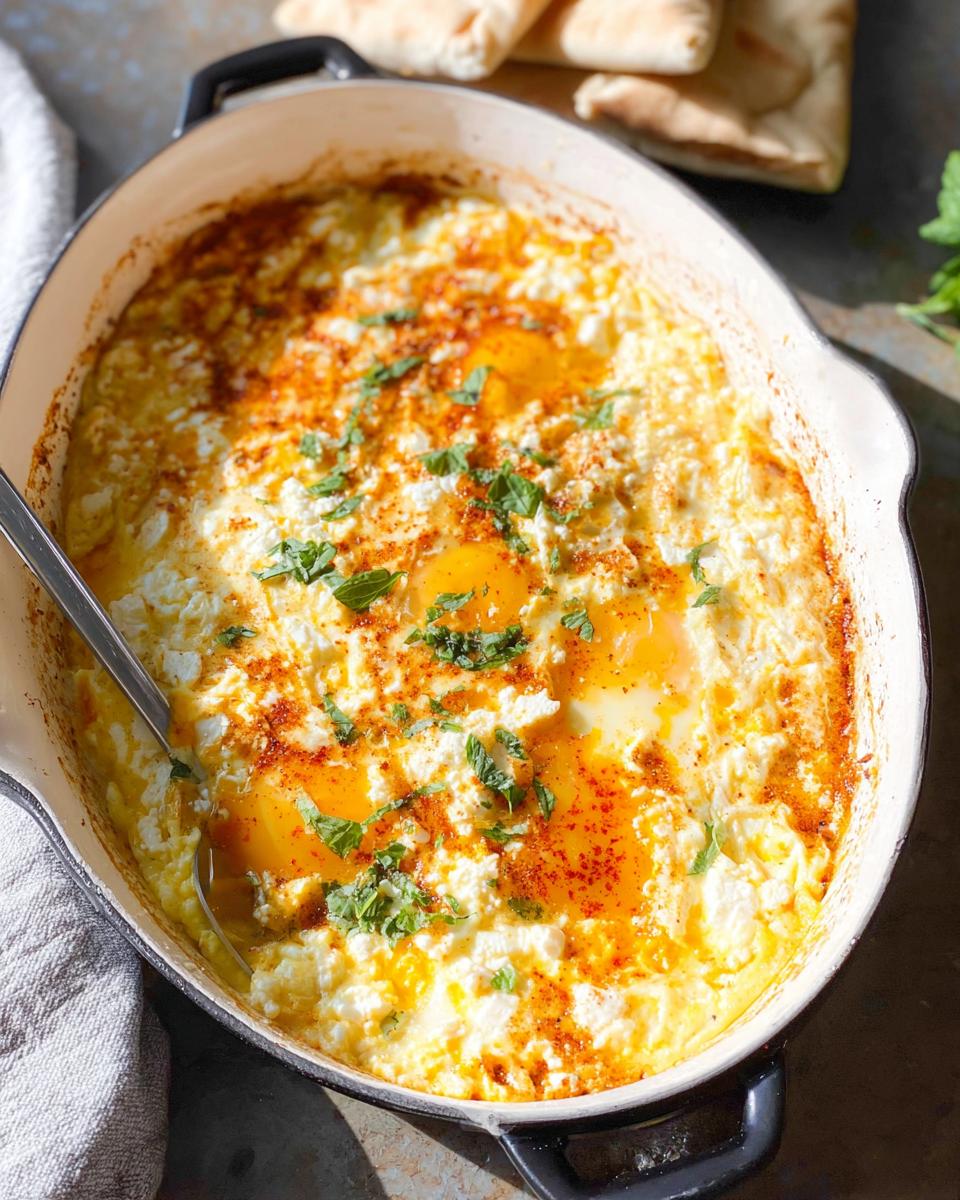 A close-up of Baked Feta Eggs in a white oval dish, topped with paprika and fresh herbs.