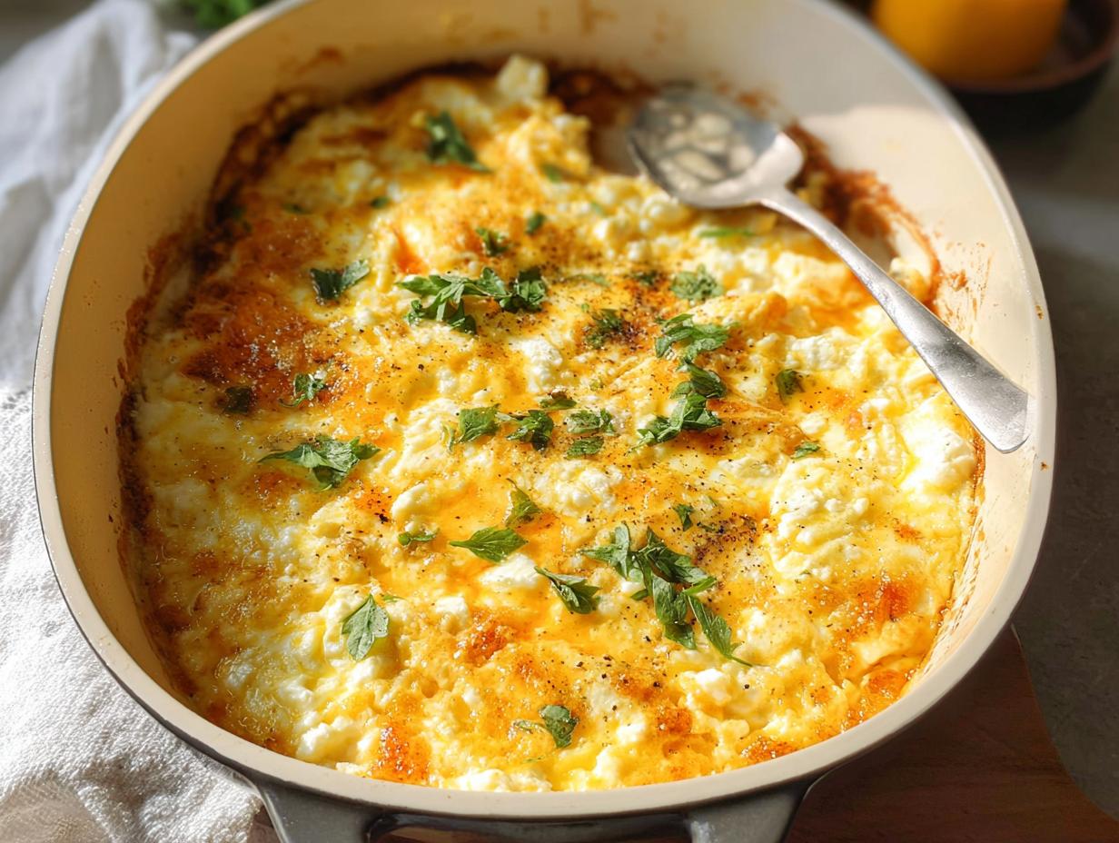 A close-up of golden-brown Baked Feta Eggs in a skillet, garnished with fresh parsley and black pepper.
