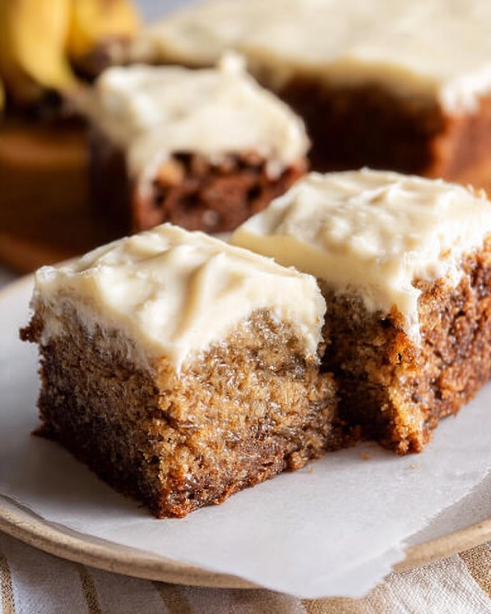 Close-up of two slices of Banana Bread Brownies Made Easy, topped with thick, creamy white frosting.