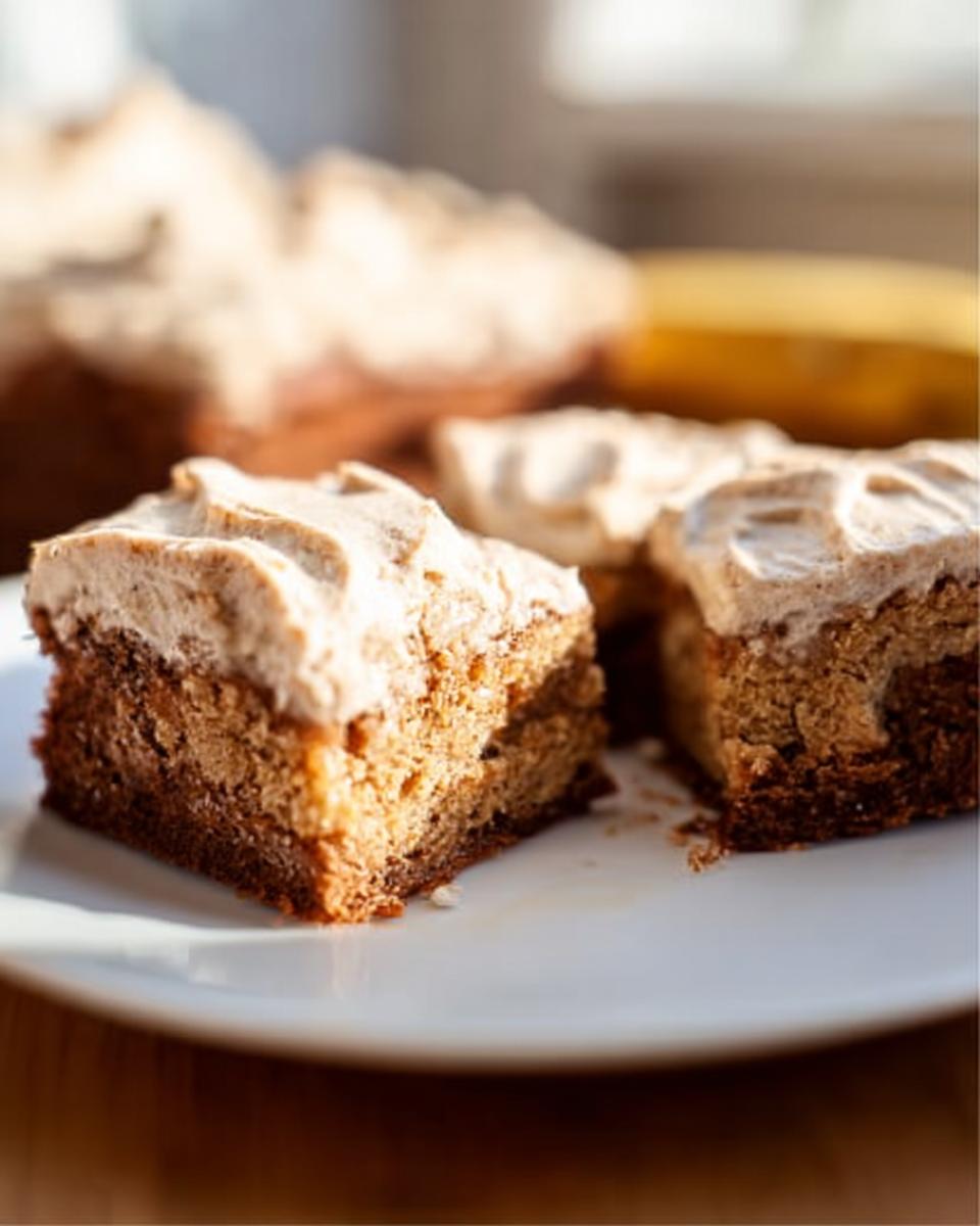Close-up of moist Banana Bread Brownies Made Easy topped with creamy frosting on a white plate.