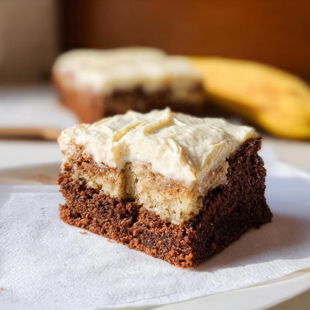 A delicious slice of Banana Bread Brownies Made Easy, featuring a rich chocolate base and creamy frosting.