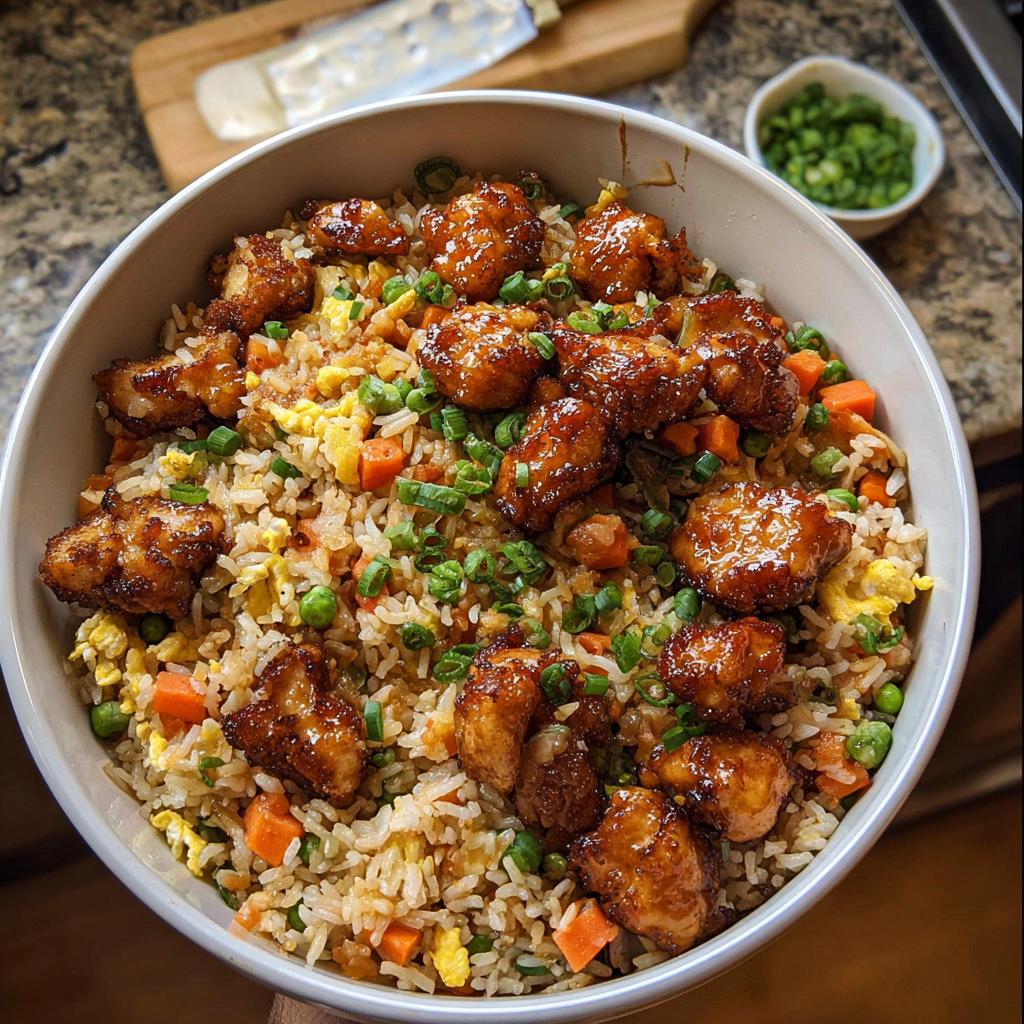 A bowl of Bang Bang Fried Rice topped with glazed crispy chicken pieces and chopped green onions.