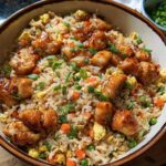 A bowl of Bang Bang Fried Rice topped with glazed chicken pieces, peas, carrots, and scrambled eggs.